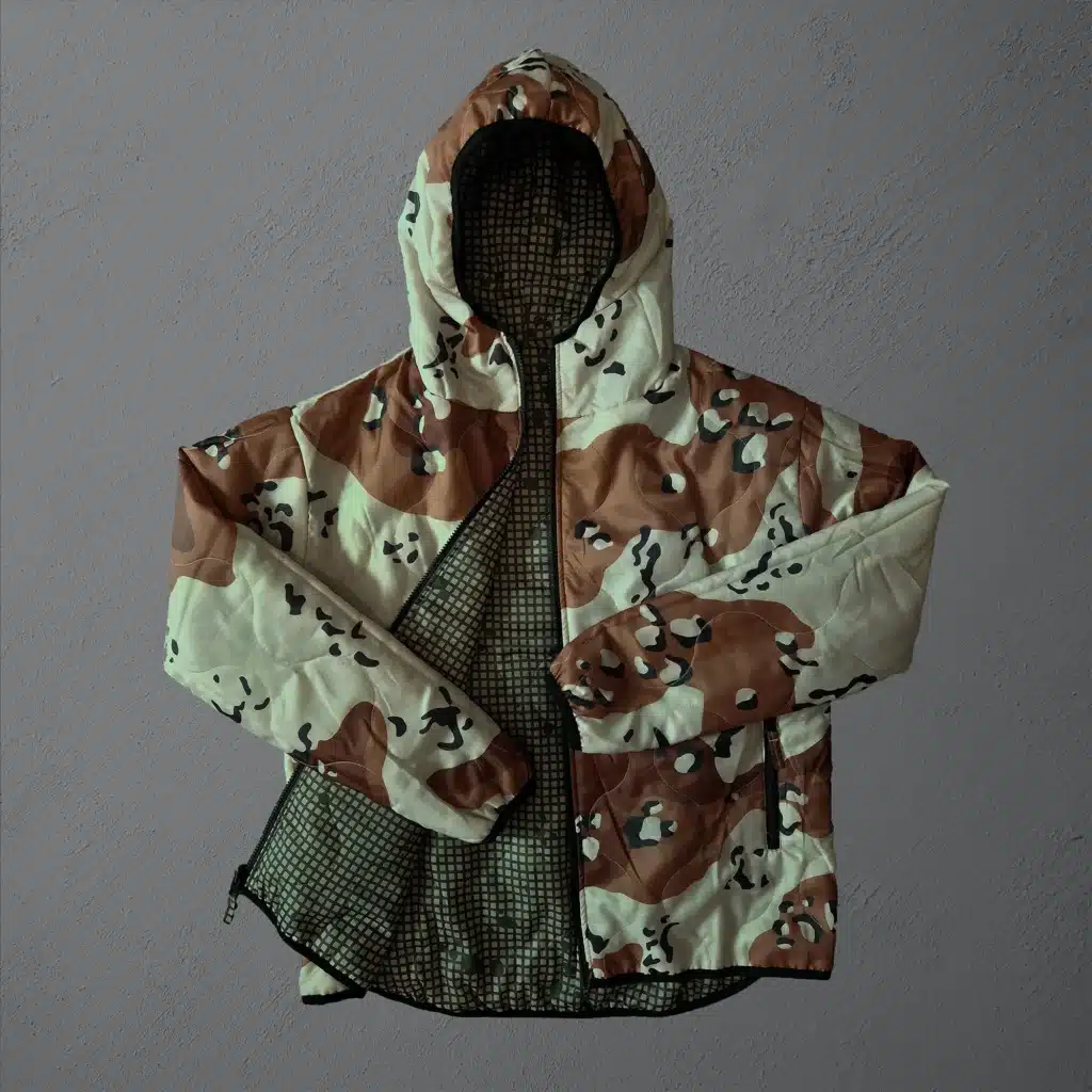 dnc + chocolate chip camo reversible zip up woobie hoodie