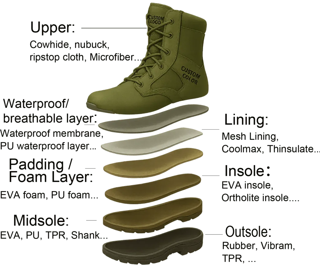 Seven-layer structure diagram of military boots