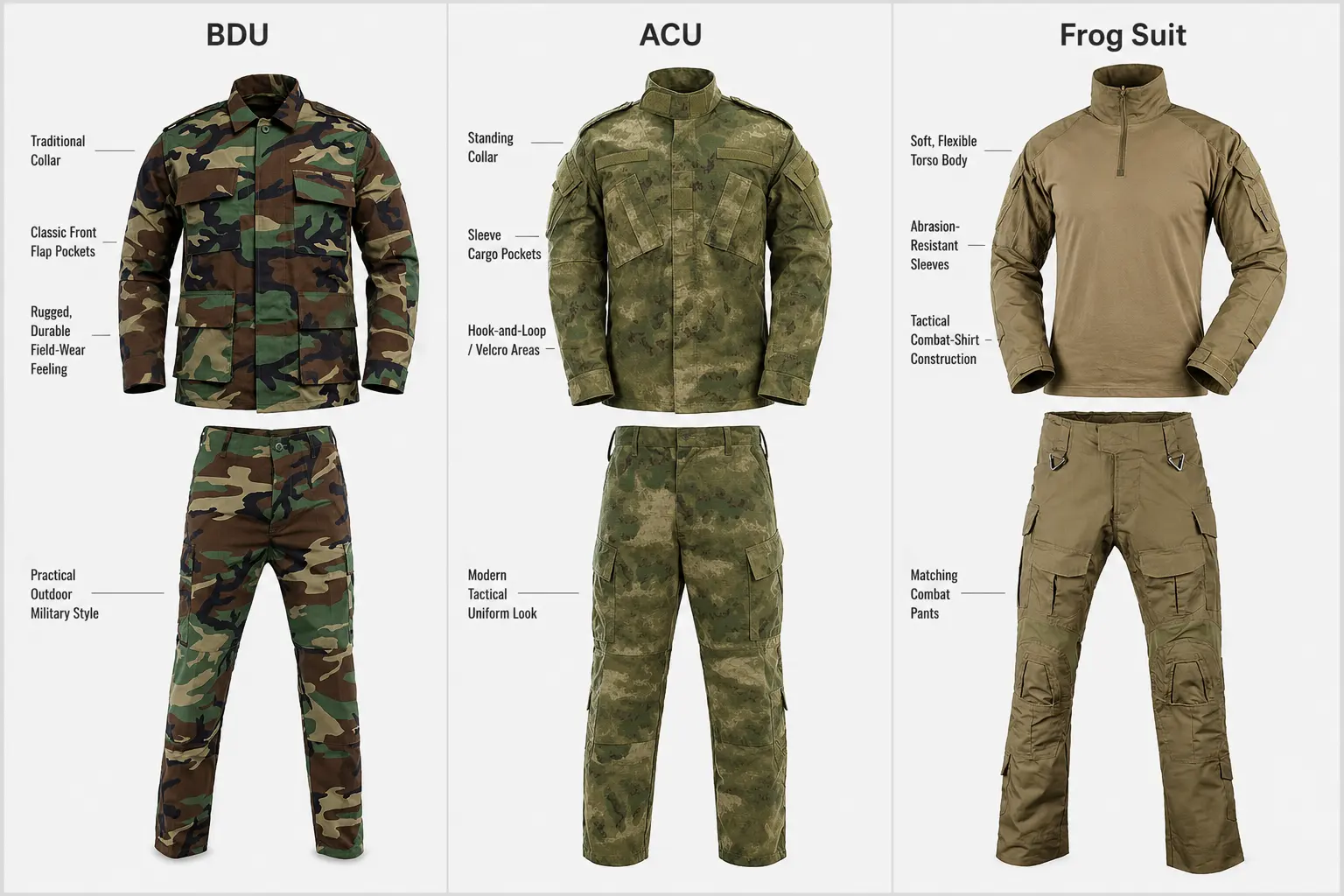 BDU ACU and combat shirt tactical uniform comparison for bulk buyers