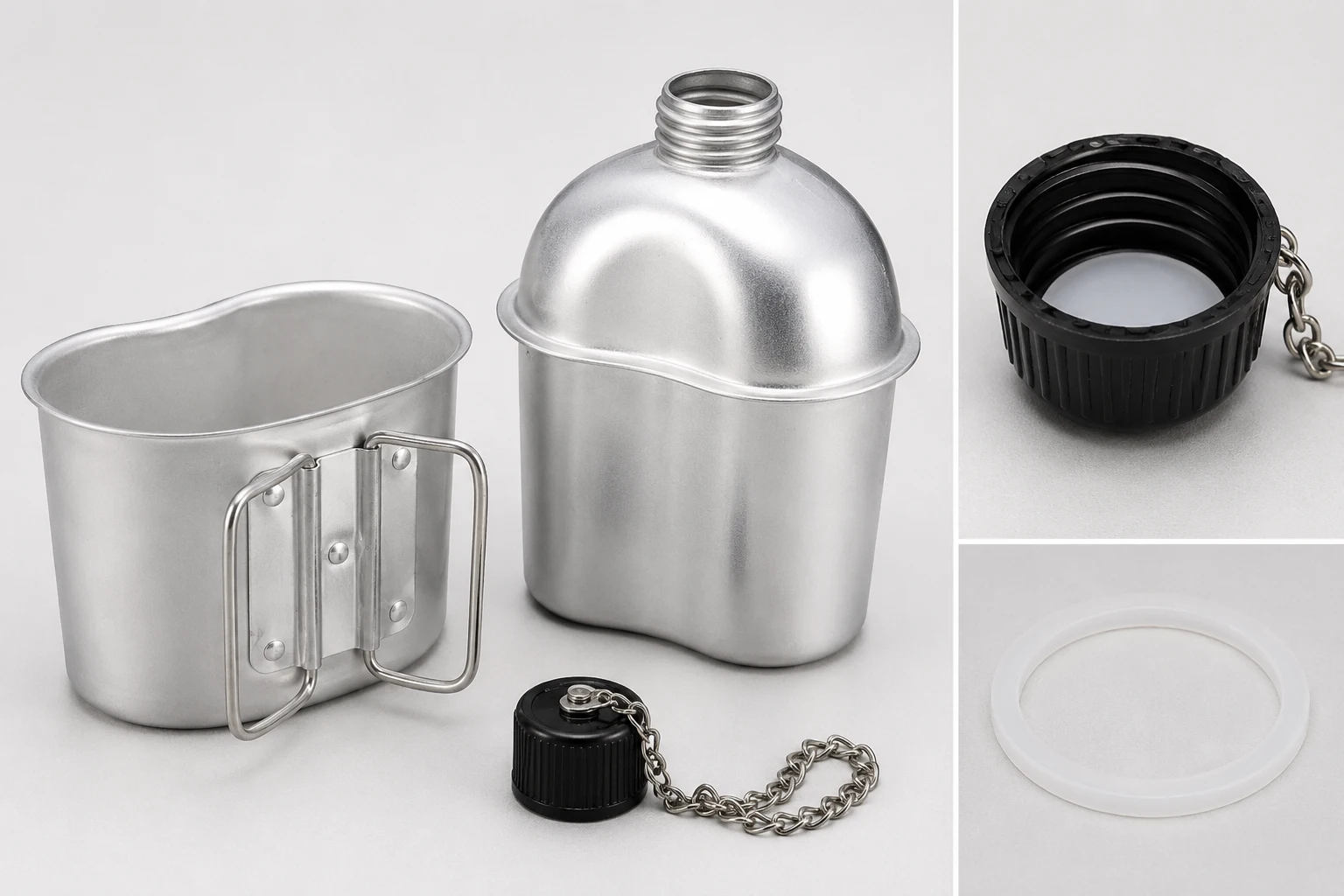 Metal military canteen and cup set with cap chain and nesting cup