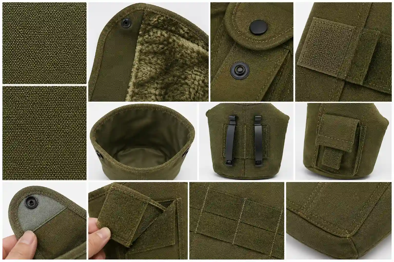 Military canteen cover fabric insulation buckle and attachment details