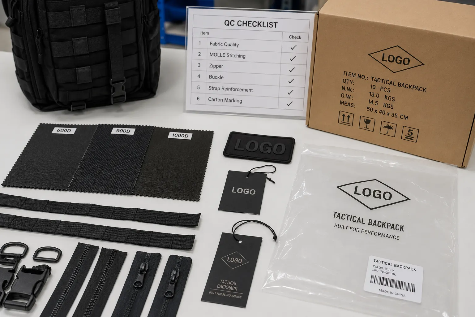 OEM tactical backpack fabric logo quality control and packing options