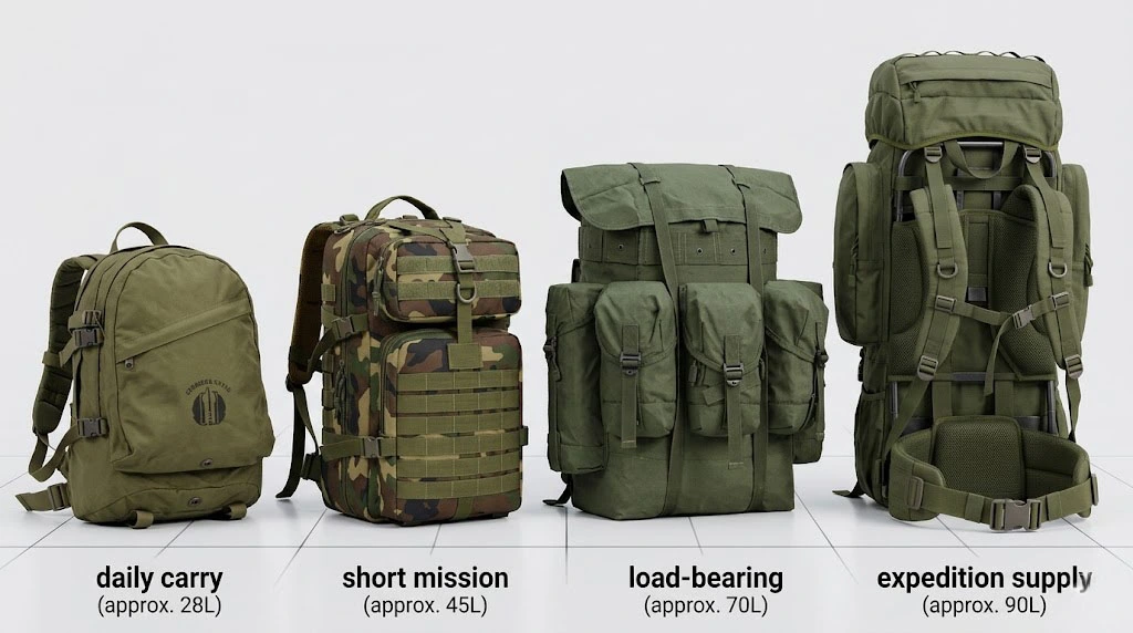 Tactical backpack capacity comparison for 28L 45L 70L and 90L bulk orders
