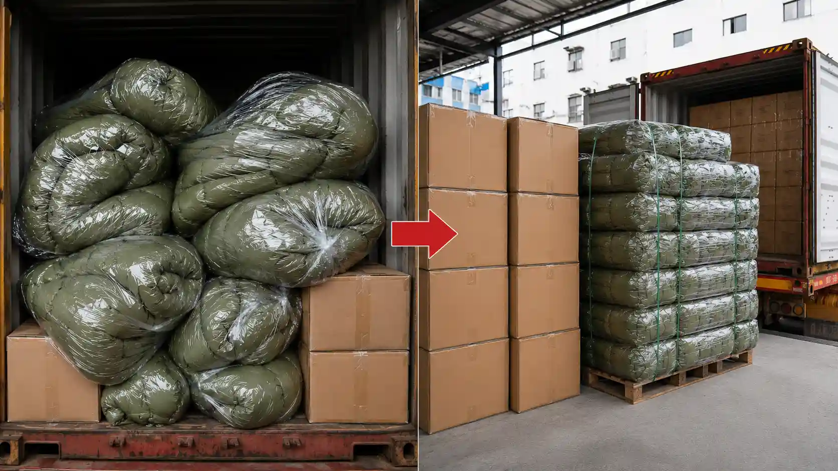 15 wholesale 3-piece fleece sleeping bags vacuum compressed into one heavy-duty woven bale for sea freight CBM optimization