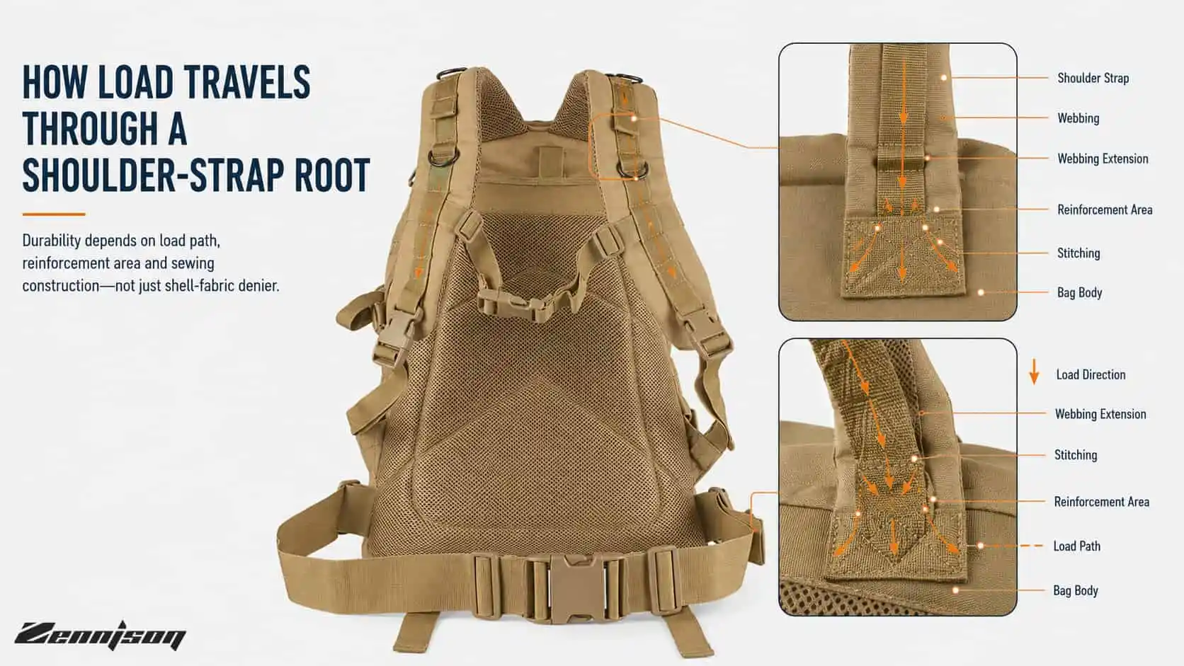 Rear view and close-ups of a tan tactical backpack showing shoulder-strap webbing extension, stitching, reinforcement area and illustrated load path.