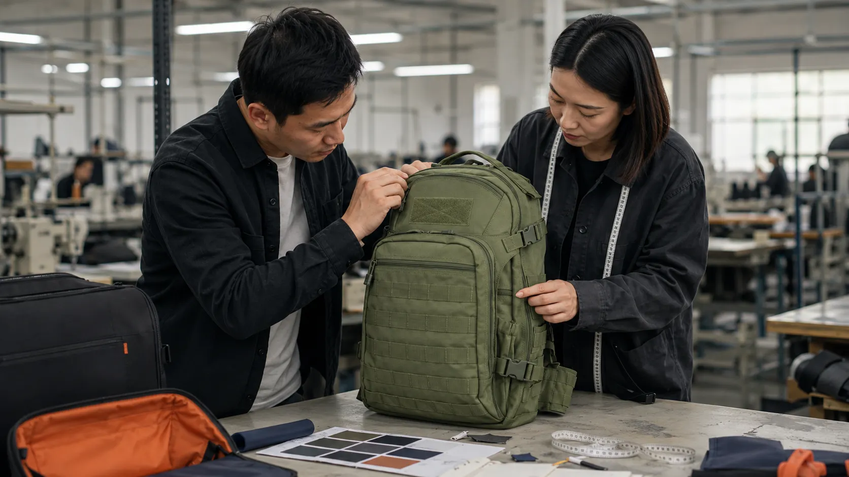 Tactical backpack quality inspection covering fabric, stitching, MOLLE webbing, hardware, and dimensions