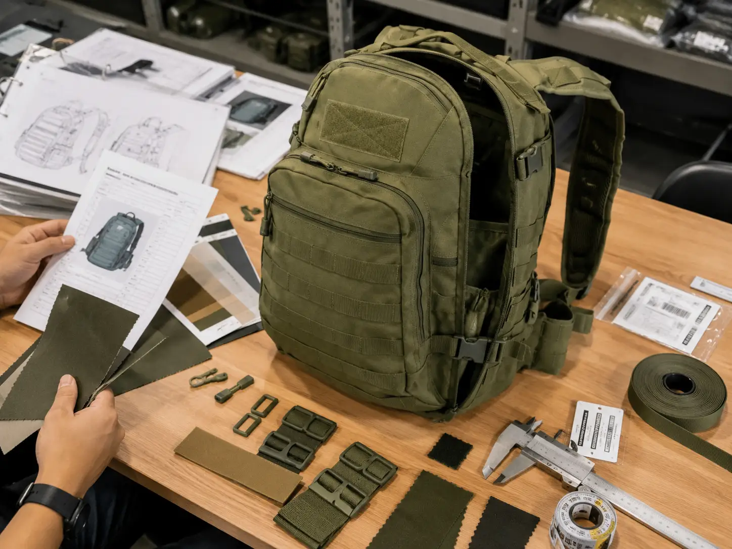 Tactical backpack RFQ preparation with a product sample, fabric swatches, hardware, measurements, and technical documents