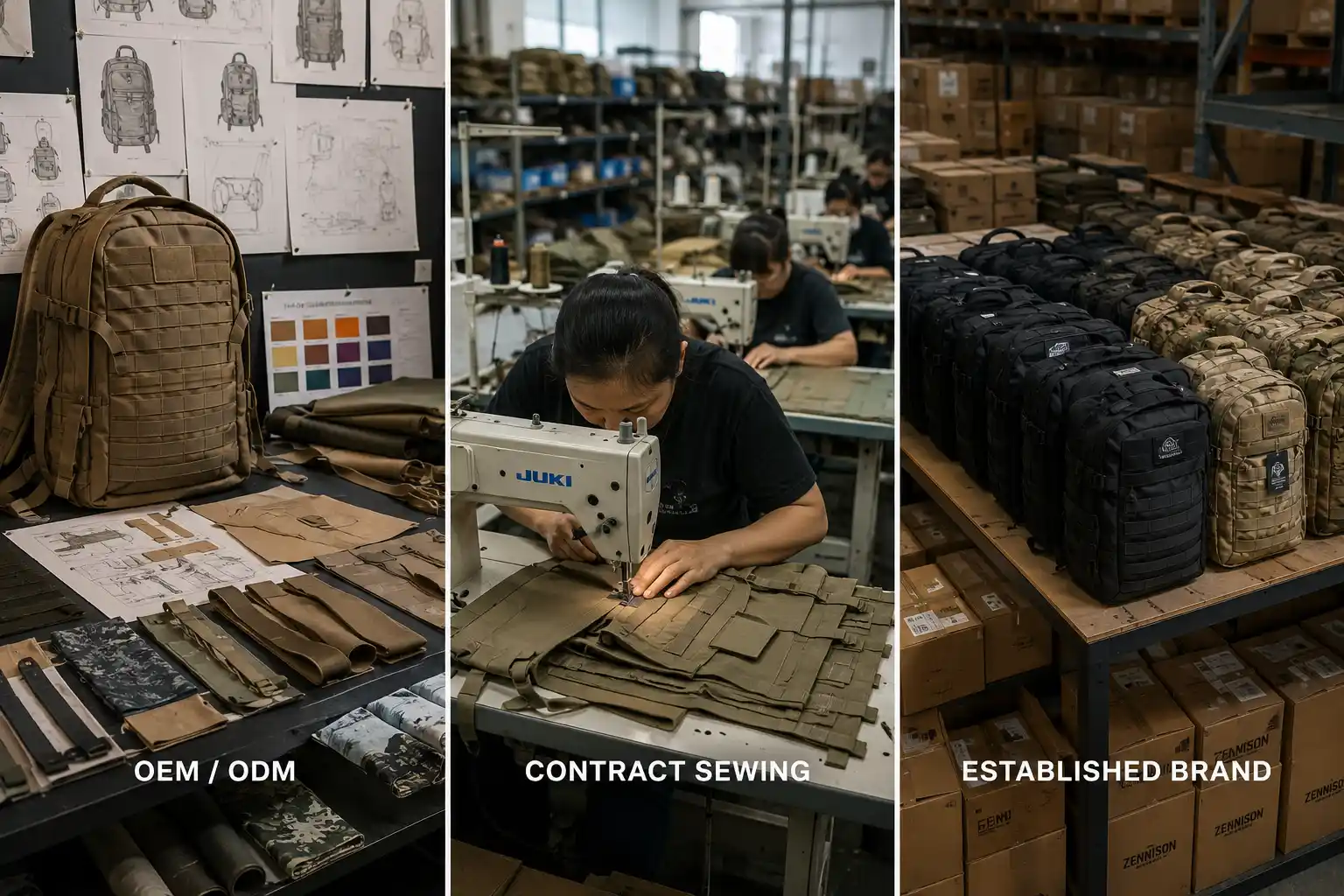 Tactical backpack sourcing models showing OEM development, contract sewing, and finished branded products