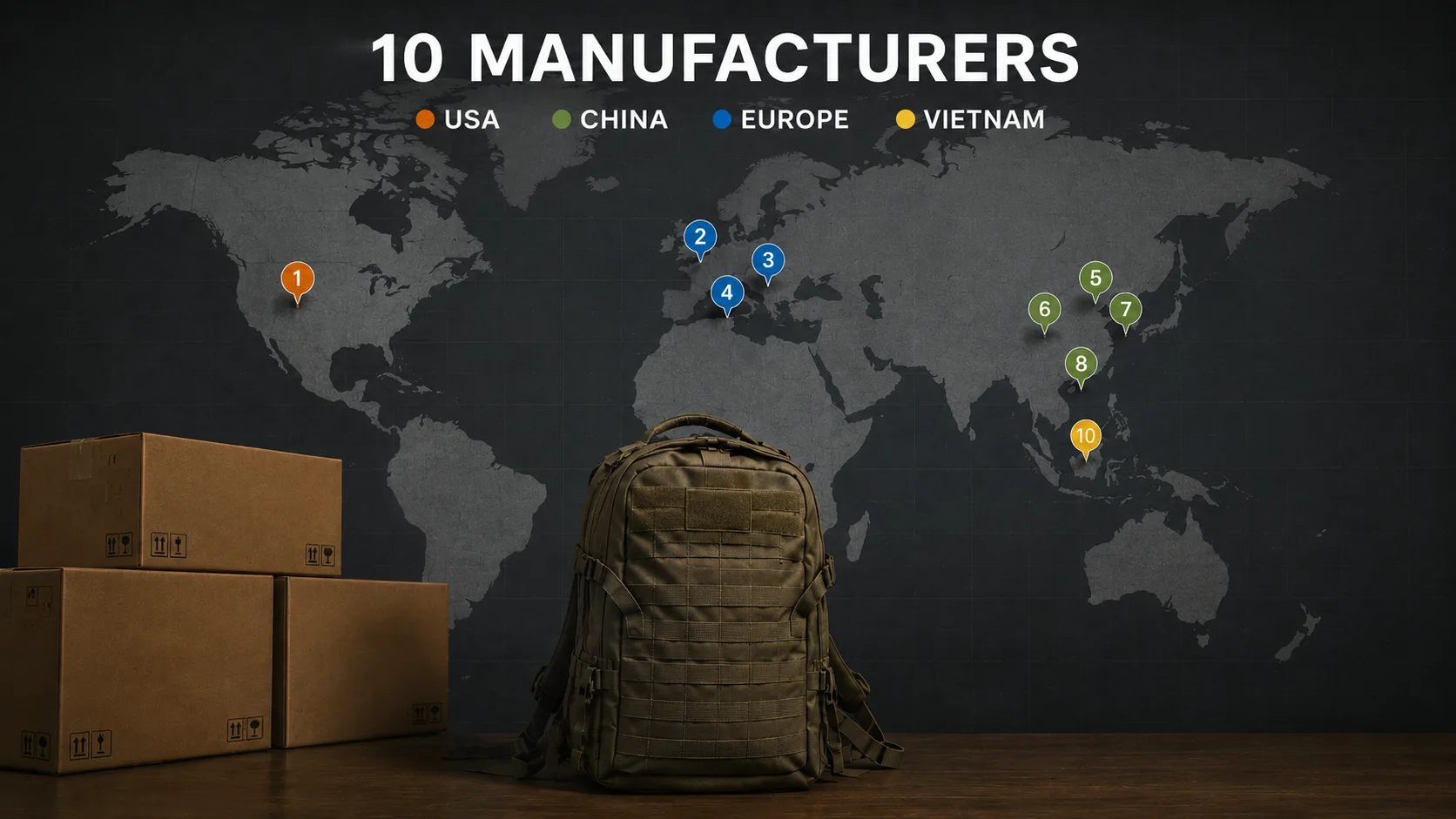 Global distribution of ten tactical backpack manufacturers across the United States, China, Europe, and Vietnam