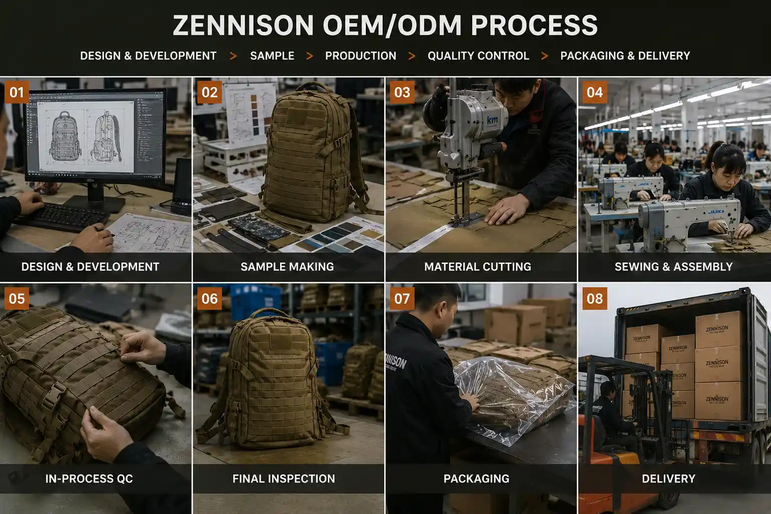Zennison tactical backpack OEM and ODM development from sample and materials to production, quality control, and shipping